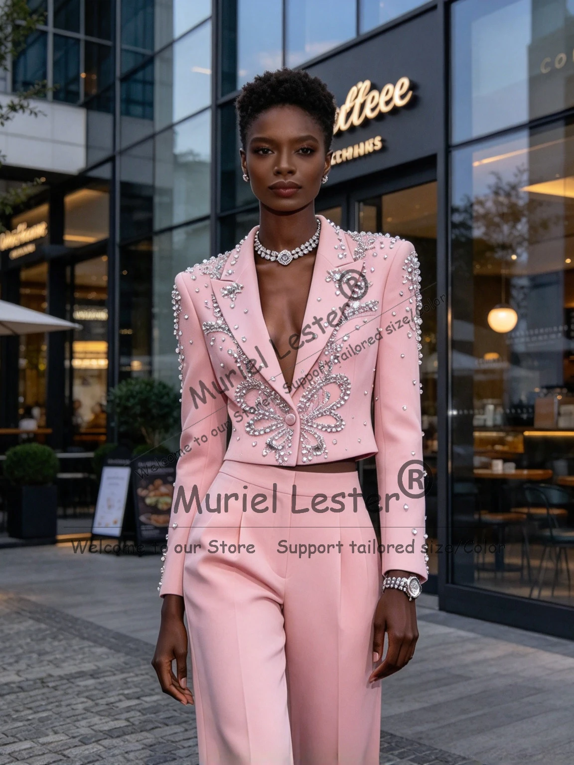 Luxury Women's Blazers And Suit Sets Rhinestone Beaded Jacket Pants 2 Piece Sets Lady Business Tuxedo Trajes De Mujer Elegante