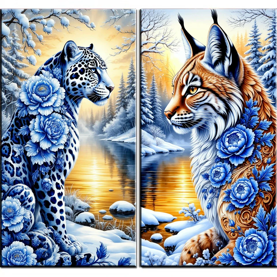 Winter Blue Rose Amazing Leopard Cat Lion Wolf Diy Diamond Painting Mosaic Full Diamond Art Embroidery Fantastic Animal Decor