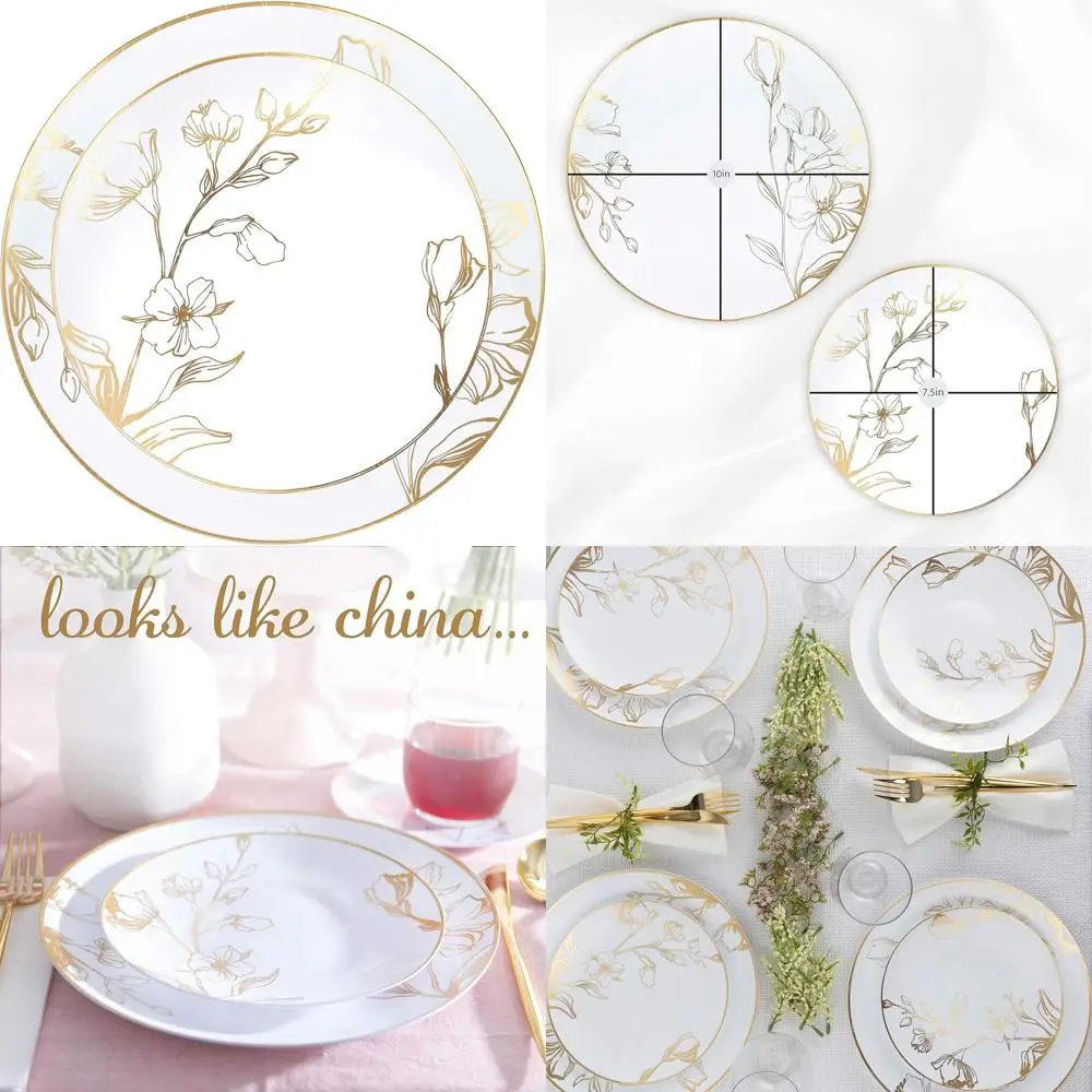 

40 7 & 40 10 White Floral Plastic Party Plates with Gold Rims, Heavyweight Elegant Tableware Set