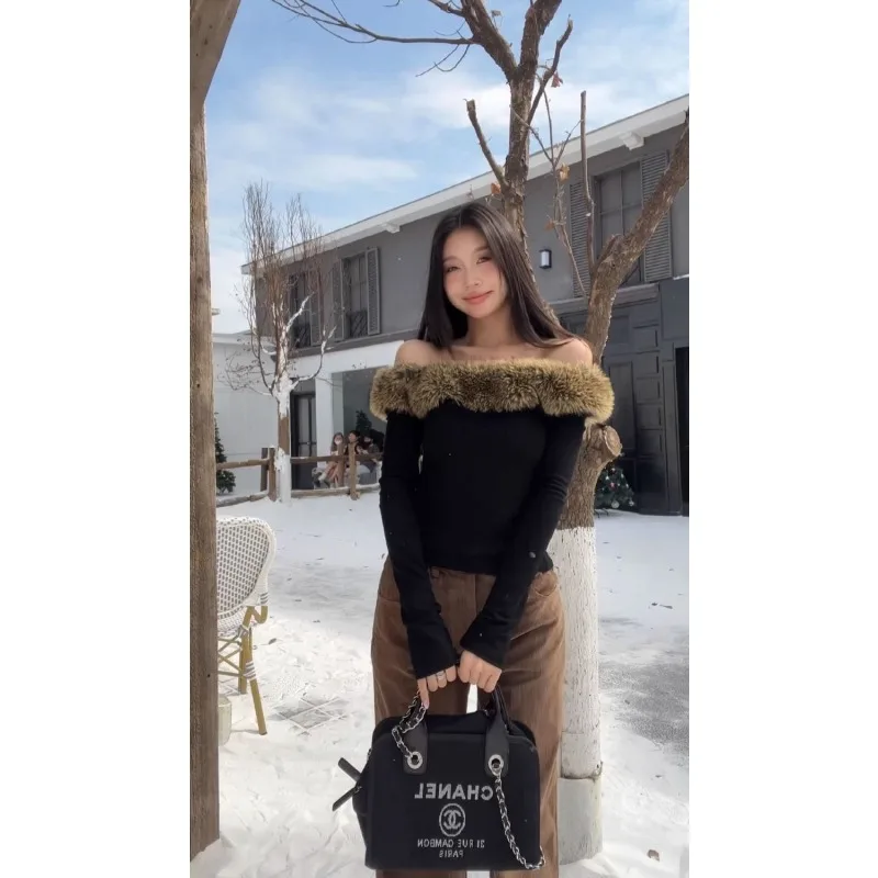 Outono e inverno design nicho peludo fino ajuste de um ombro manga comprida moda viajando bottoming topo