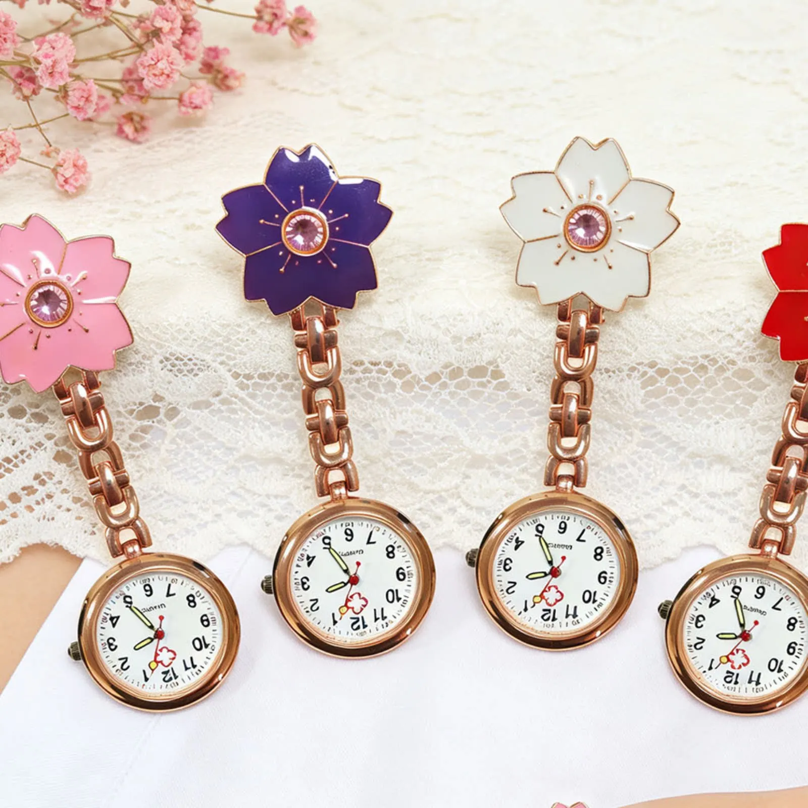 Fashion Colourful Gradient Resin Flower Rose Gold Alloy Cartoon Cute Crystal Flower Nurse Pocket Watch Gift Watches Clock