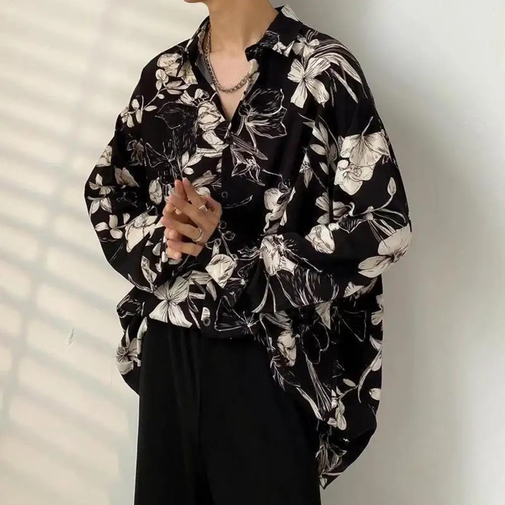 Long Sleeve Couple Shirt Vintage Floral Print Men's Cardigan with Turn-down Collar Single-breasted Closure Retro for Spring