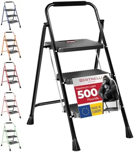 Pro Luxury Step Ladder | European Made 3 Step Foldable Step Stool for Home | Rock-Solid 500 lb Capacity,Built to Last
