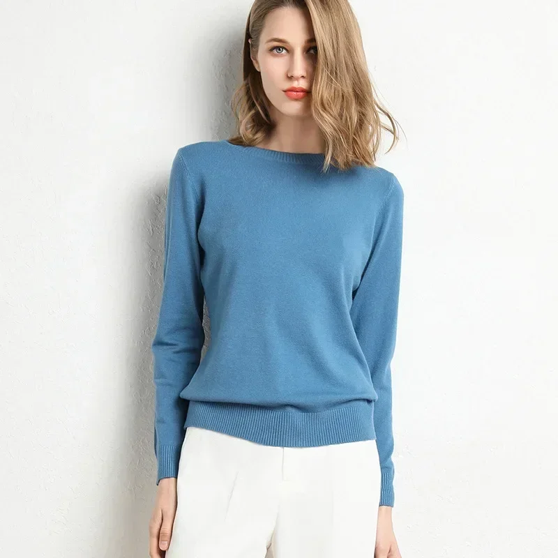 2024 Women Slim O-Neck Pullover Cashmere Wool Blending Sweater Autumn And Winter Long-Sleeved Knit Bottoming Shirt Large Size