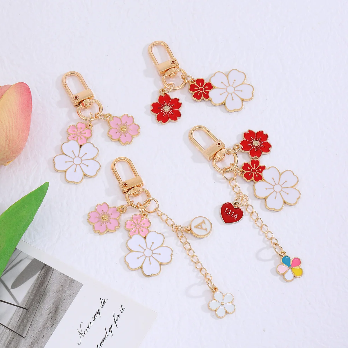 Sweet Sakura Letter Keychain Cute Leaf Webbing Flower Pendant Keyring Women Earphone Case Bag Charm Key Chains DIY Accessories