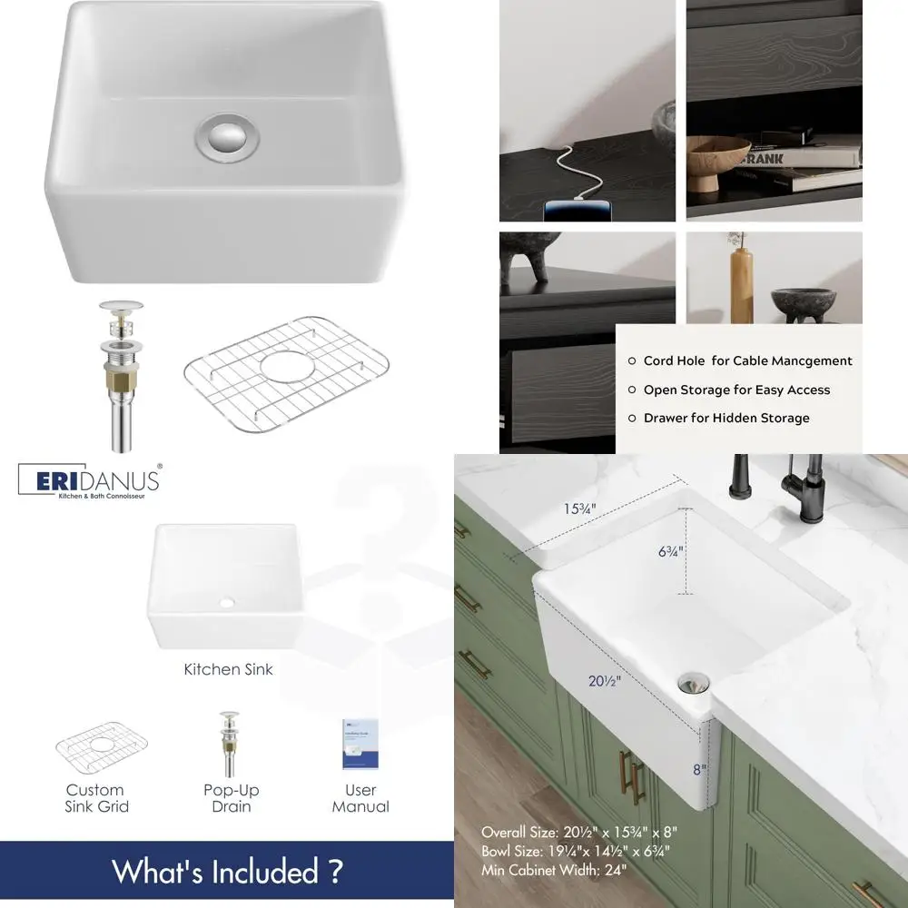 

Eridanus 20 Inch x 15 Inch White Farmhouse Sink, Single Bowl, Apron Front, Ceramic, Polished, Trapezoidal, Farmhouse Apron-Front