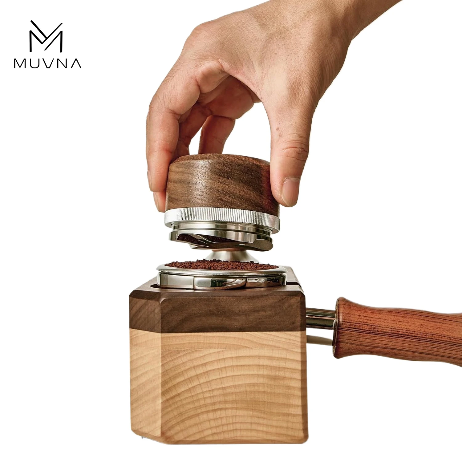Distribuidor de Café Espresso MUVNA de 58.35 mm, Nivelador de Espresso de Altura Ajustable con Tapa de Nogal, Compatible con Portafiltros de 58 mm