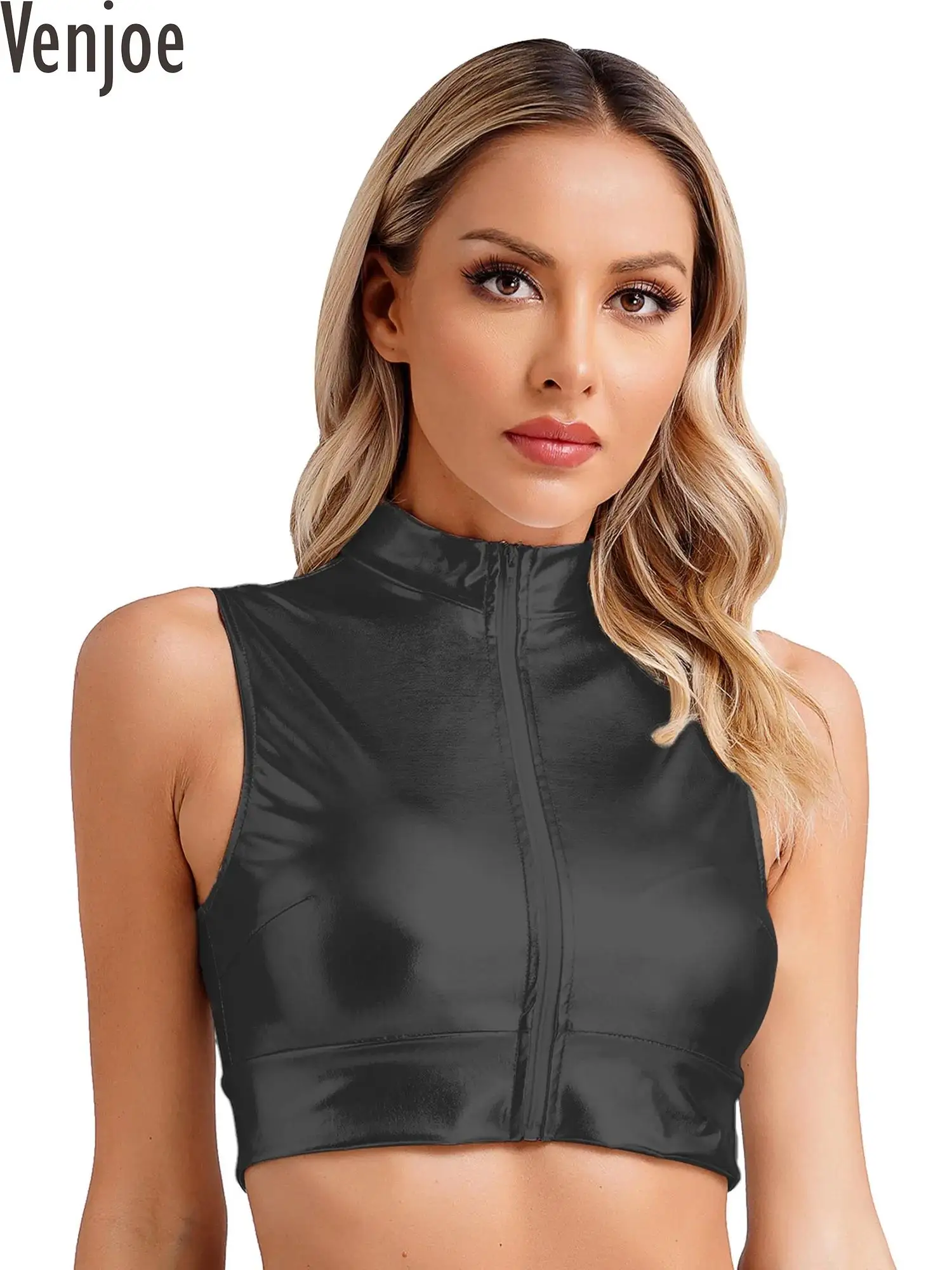 

Womens Metallic Shiny Vest Mock Neck Blouse Front Zip Sleeveless Crop Tank Slim Fit Crop Tops Rave Party Clubwear Dancewear