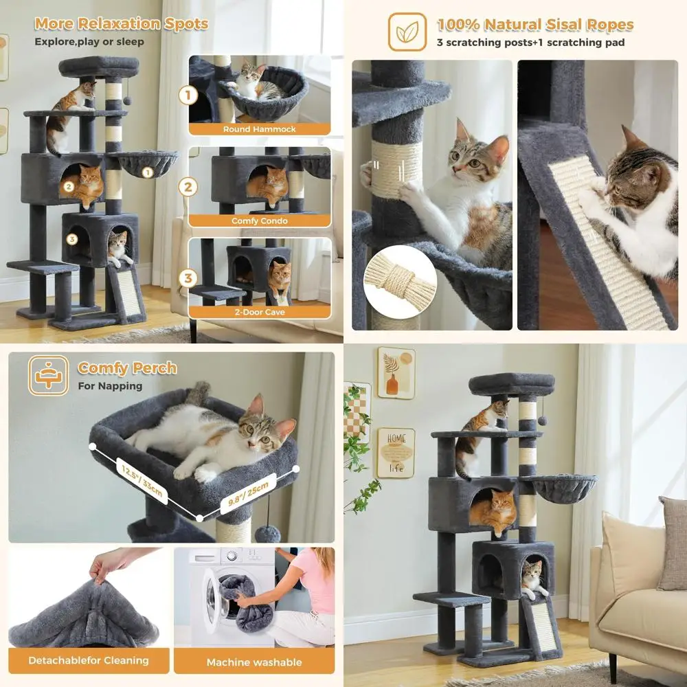 

Dual-Level 51.6 Cat Tower with Two Condos, Wide Perches, Warm Basket, and Scratching Posts for Small Cats - Dark Gray