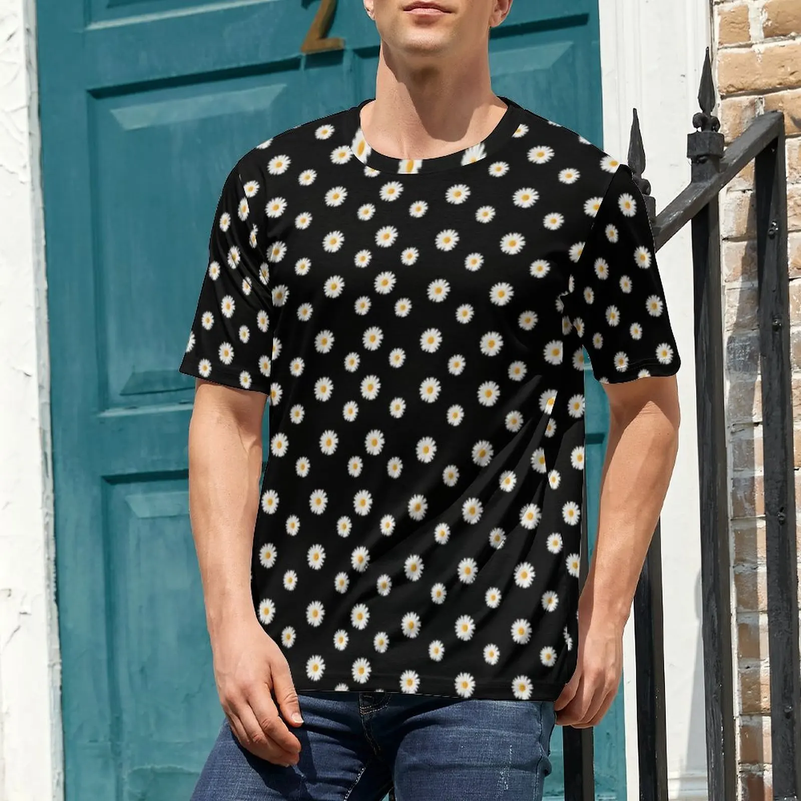 Big Size T Shirt Summer Tiny Daisy Black Print T Shirts  Street Style O Neck Tshirt Male Vintage Design Clothes