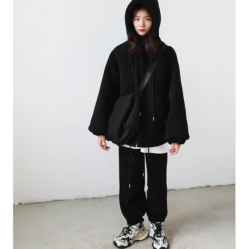 

Lamb Fur Jaet Women's Fce Lined Thiened Street Sle Casual Windproof Warm Hooded Cotton Coat Zipper Closure Long Sve