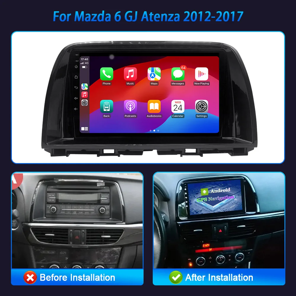 Car Radio Multimedia Navigation Android 14 Stereo Head Unit Screen 4G 2CIN WIFI For Mazda 6 GJ Atenza 2012-2017