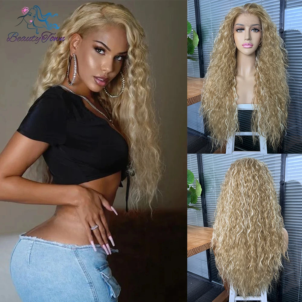 Long Inche Blonde Synthetic 13x3 Lace Front Wig 613 Grey  Brown Ginger Kinky Curly Wig HD Transparent Lace Front Wig Cosplay Wig