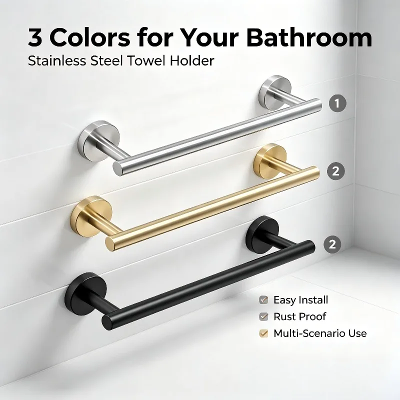 Stainless Steel Square/Round Base Thicken Towel Bar Bathroom Accessories Towel Rod Heavy Duty Wall Mounted Towel Holder