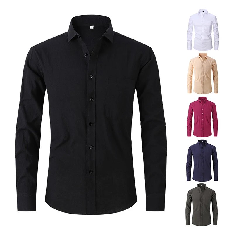 Summer Long Sleeve Men's Pure Color Dress Shirt Square Collar Non-iron Regular Fit Anti-wrinkle Pocket Male Social Shirts