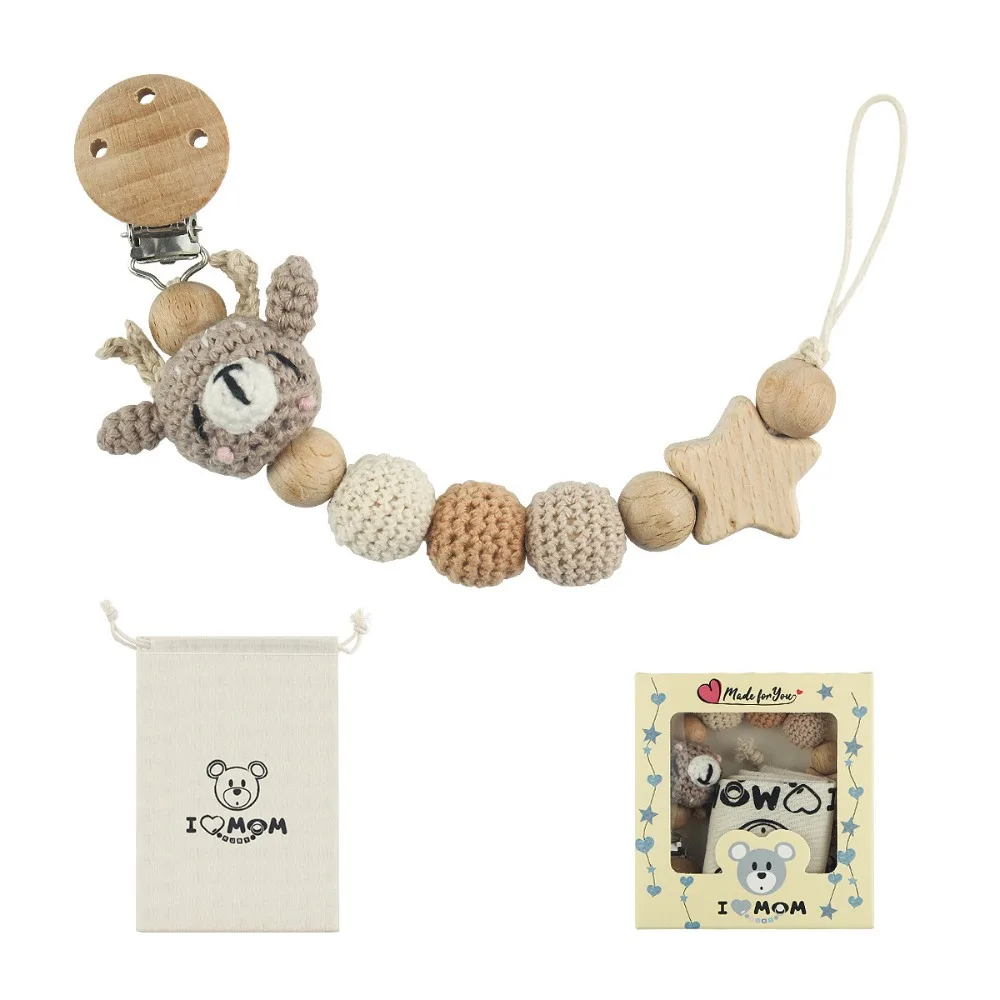 Baby Houten Fopspeen Clip Hout Gehaakt Cartoon Tandjes Fopspeen Ketting Voor Bpa Vrije Verpleging Kauw Speelgoed Baby Dummy Houder Ketting