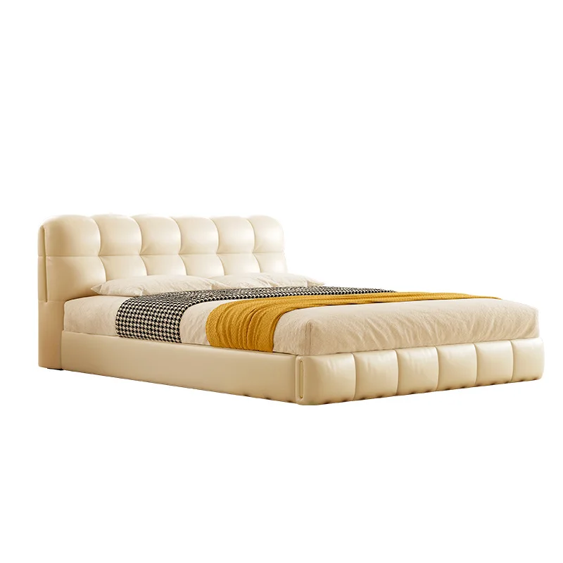 

French light luxury cream style leather bed modern double master bedroom storage flush edge puff piano keys designer