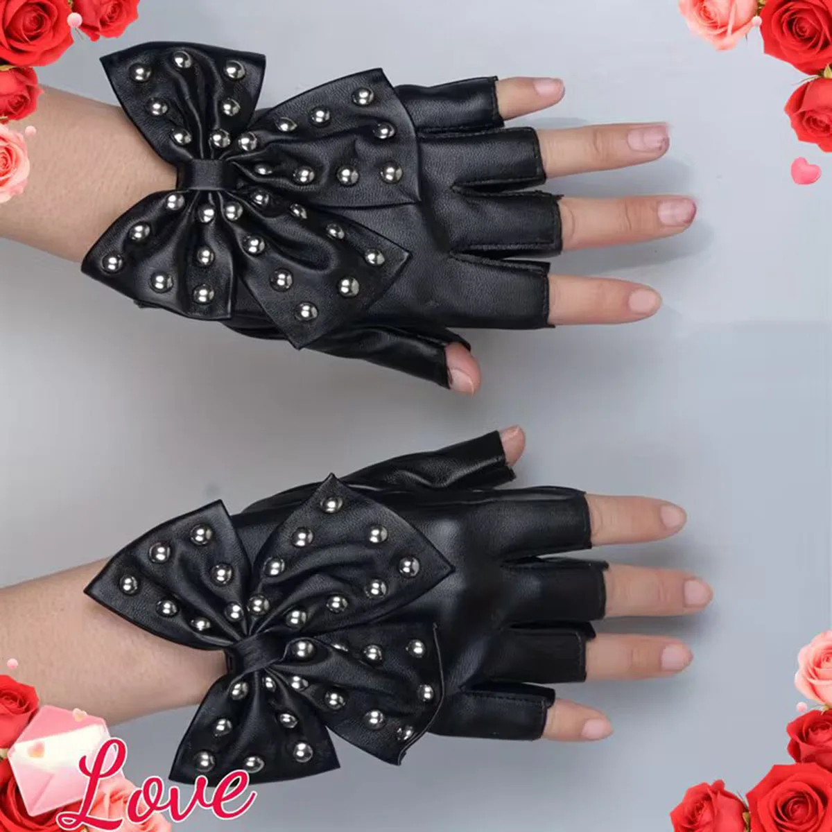 

Women Bow Rivet Gloves Performance Performance Half Finger Gloves Nightclub Dance Stage Dancing Gloves
