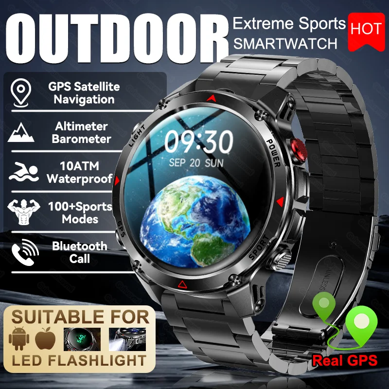 

2025Новинка, хит продаж, мужские уличные GPS-смарт-часы, высотомер, барометр, 10 АТМ, водонепроницаемый фонарик, Bluetooth-вызов, спортивные умные часы для фитнеса