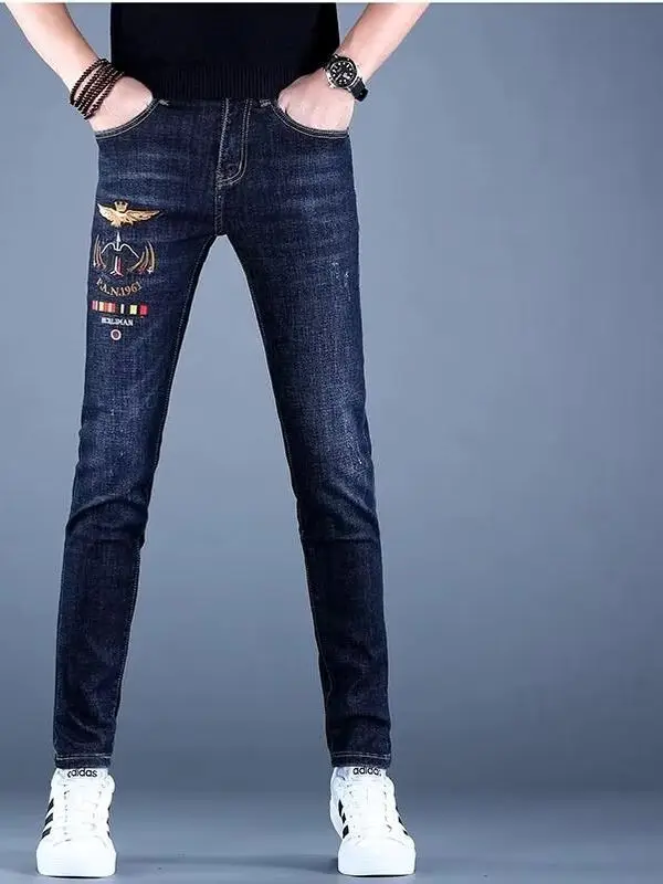 

Men's Distred Patchwork Slim Fit Jeans Elastic Casual Versatile Long Pants Middle Waist Zipper Polyester Fiber Wear Resistant