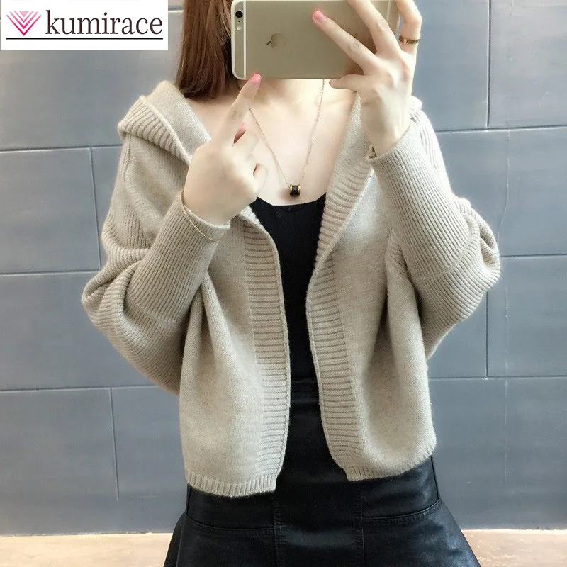 Black Short Sweater Casual Coat 2024 Spring New Long-sleeved Loose Cardigan Cute Hooded Sweater Fashion Women\'s Bat Top Coat