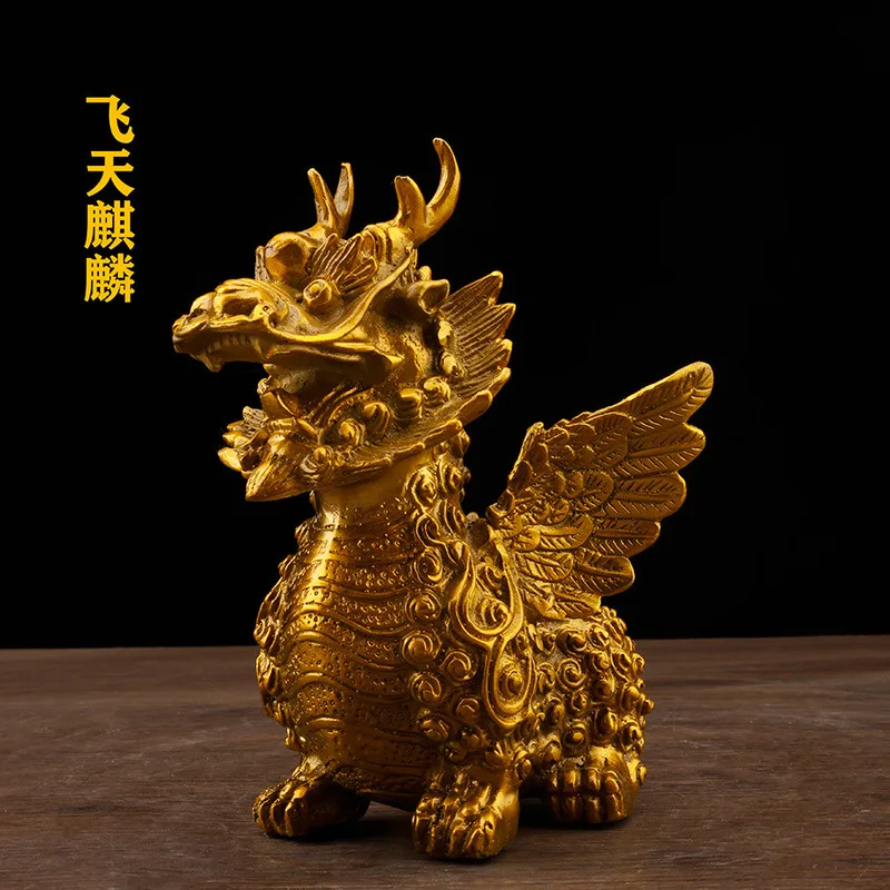 Pure copper ornament, flying , eight-trigram auspicious Qilin, divine beast, home office living room craft