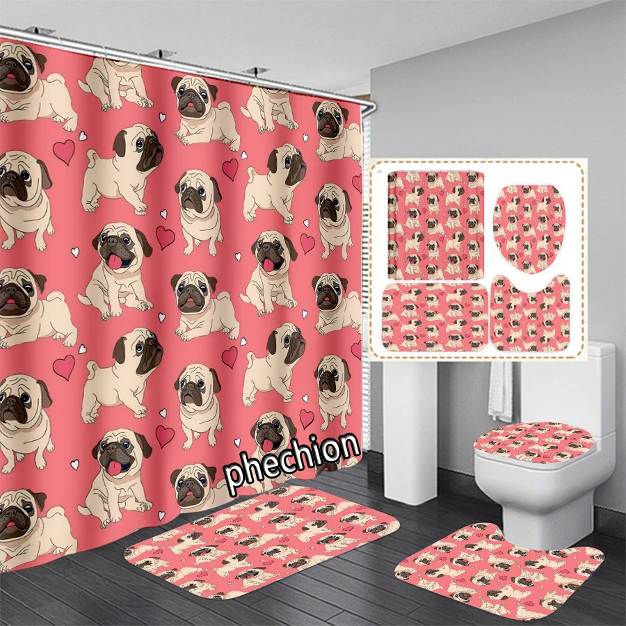 New Pug Bulldog Dogs 3D Print Shower Curtain Waterproof Bathroom Curtain Anti-slip Bath Mat Set Toilet Rugs X29