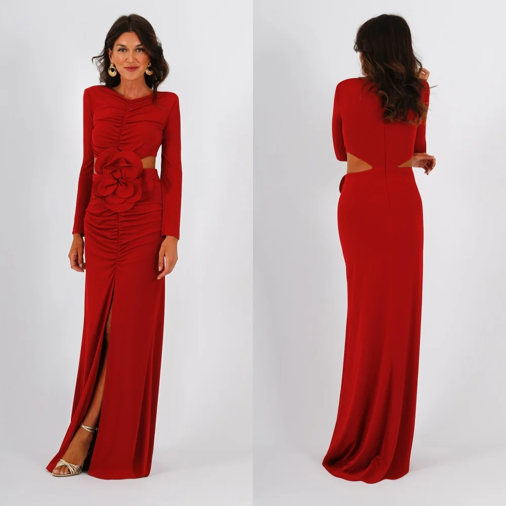 Customized​Customized Temperament Straight Front Slit Evening Dress Graceful Scoop Long Sleeves Party Dress Delicate Flowers Cel