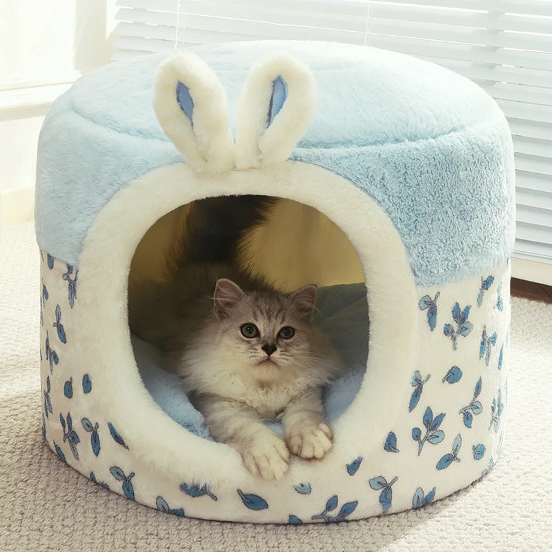 2 In 1 Dog Bed Winter Warm Closed Pets Cats Room PP Cotton Dog Kennel Winter Warm Lovely Ear Cat Dog House Washable Dog Cave Bed