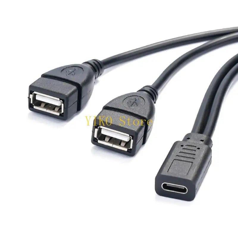 K32C 11.8inch Long Type C Male/Female Input to 2xUSB Female Output Charging Cable