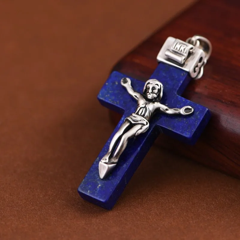 BOCAI New S925 Silver Jewelry Vintage Simplicity Inlaid With Lapis Lazuli Cross Pendant Selected Gifts For Men And Women