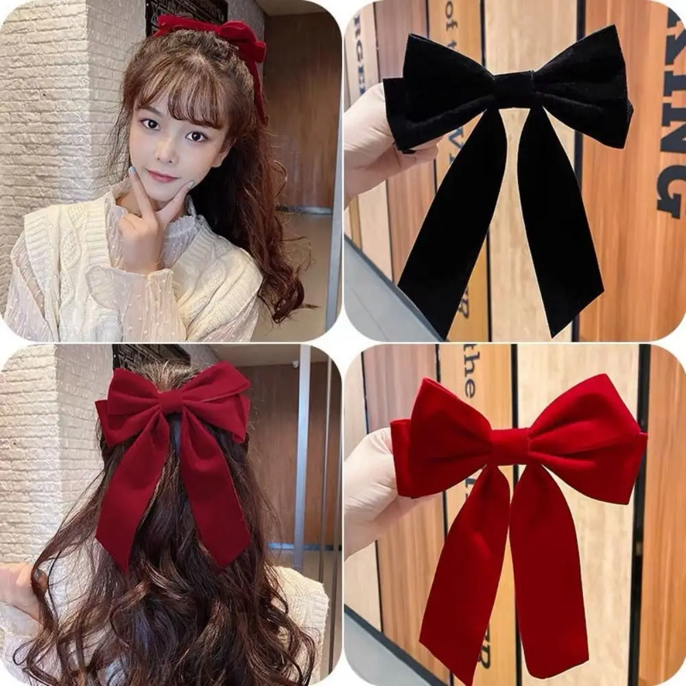 Wine Red Bowknot Hair Clips New Headwear Hair Accessories Large Bow Hairpin Velvet Headdress Bang Clip Girls