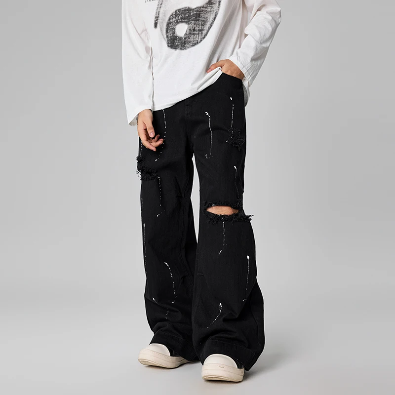 

16066 Spring and summer fashion trend loose large straight flare tide high street black and white loose feeling men's jeans