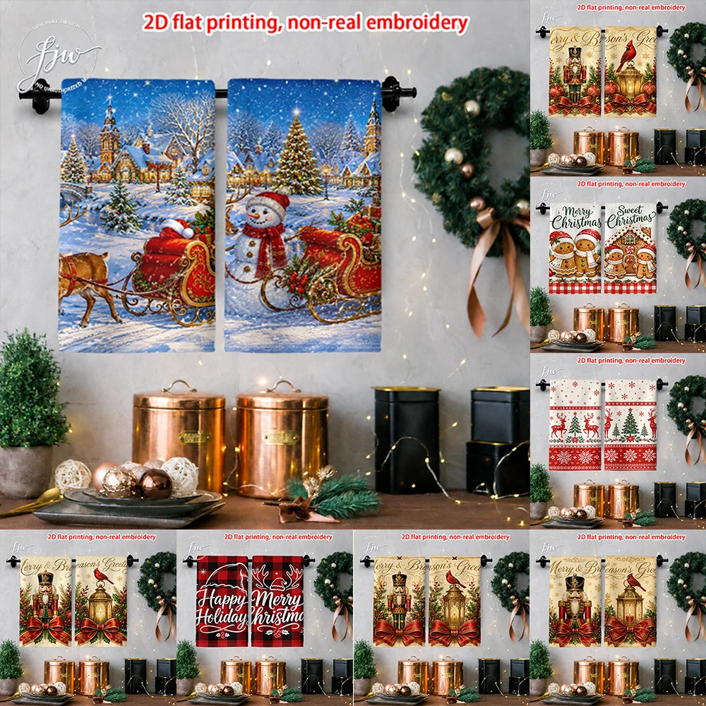 2pcs Christmas Kitchen Towels Set of 2 Vintage Winter Holiday Printed Dish Towels for Xmas Home Decor
