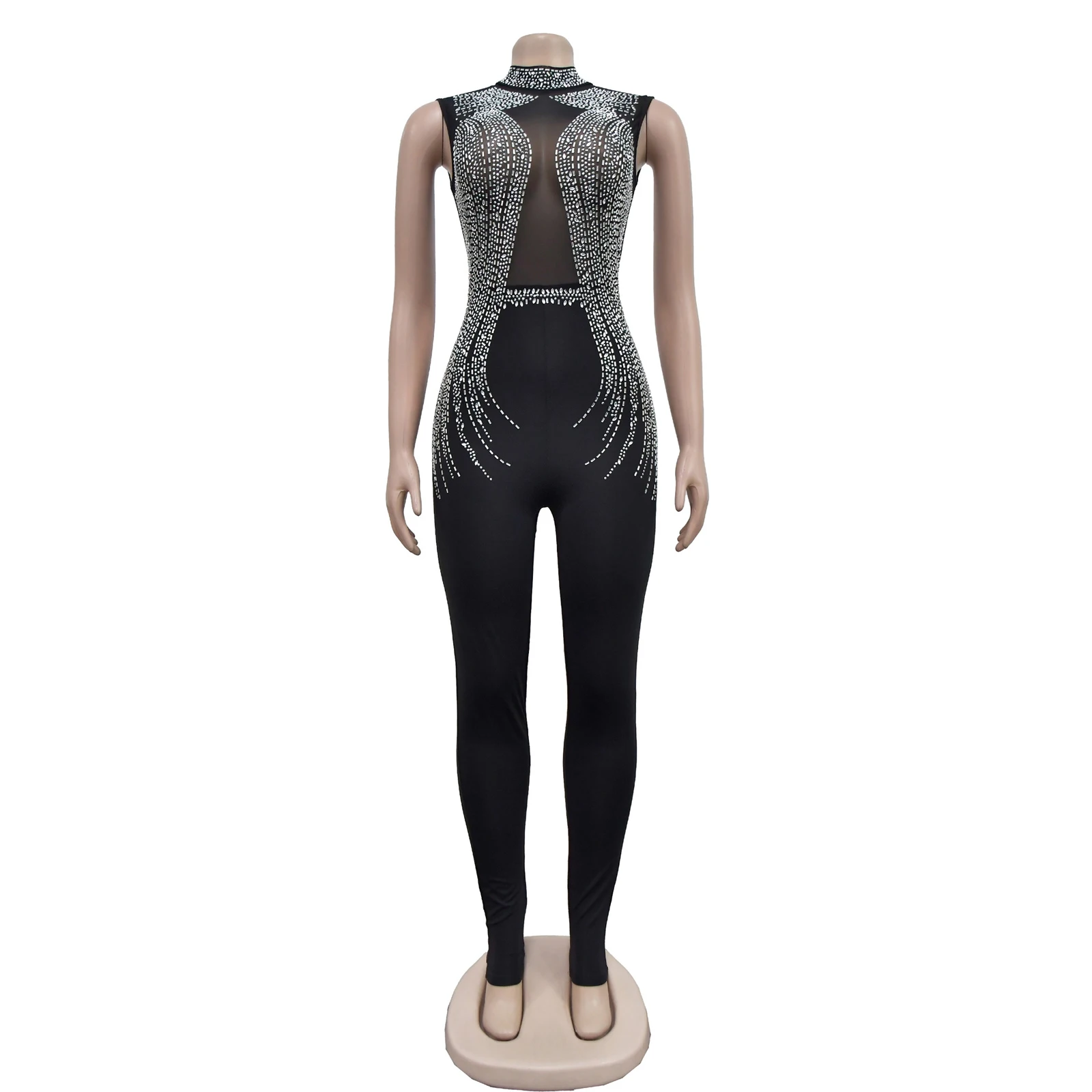 

Women Ballet Gym Jumpsuit Shiny Rhinestones Rompers Mesh Patchwork Sleeveless Zipper Slim Bodysuit for Raves Club Fancy Party