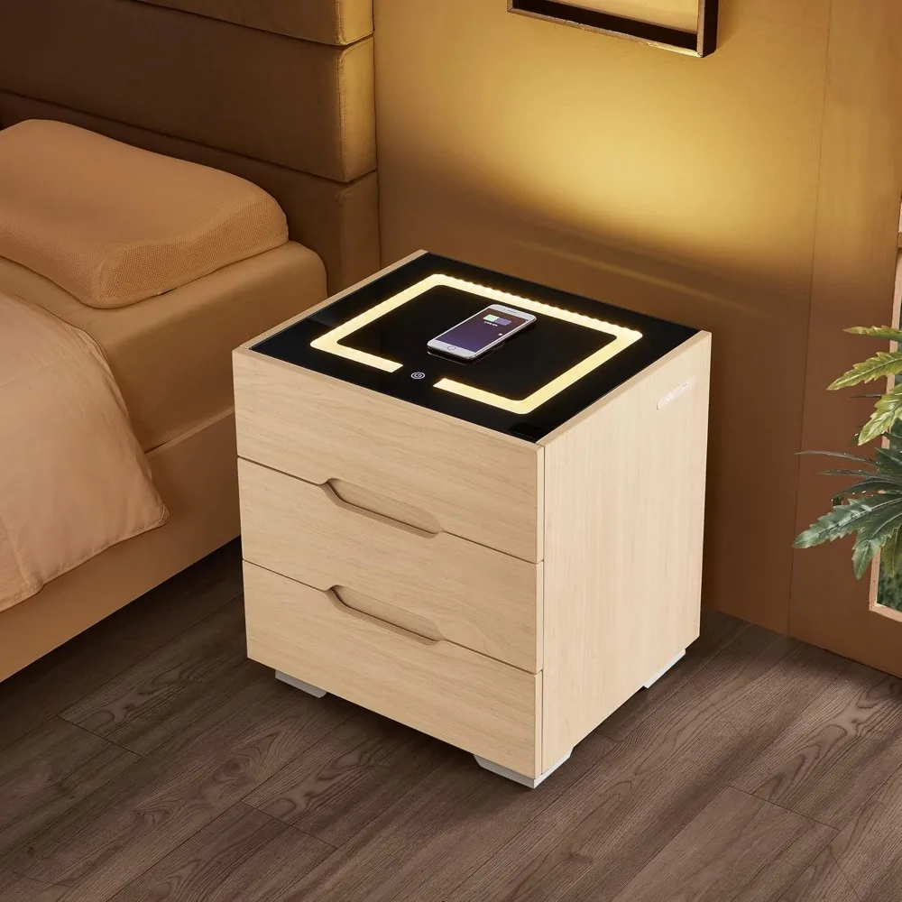 Nightstands Wireless Charging Station and LED Lights,Modern End Side Table with 3 Drawer.Nightstand Storage Cabinet for Bedroom