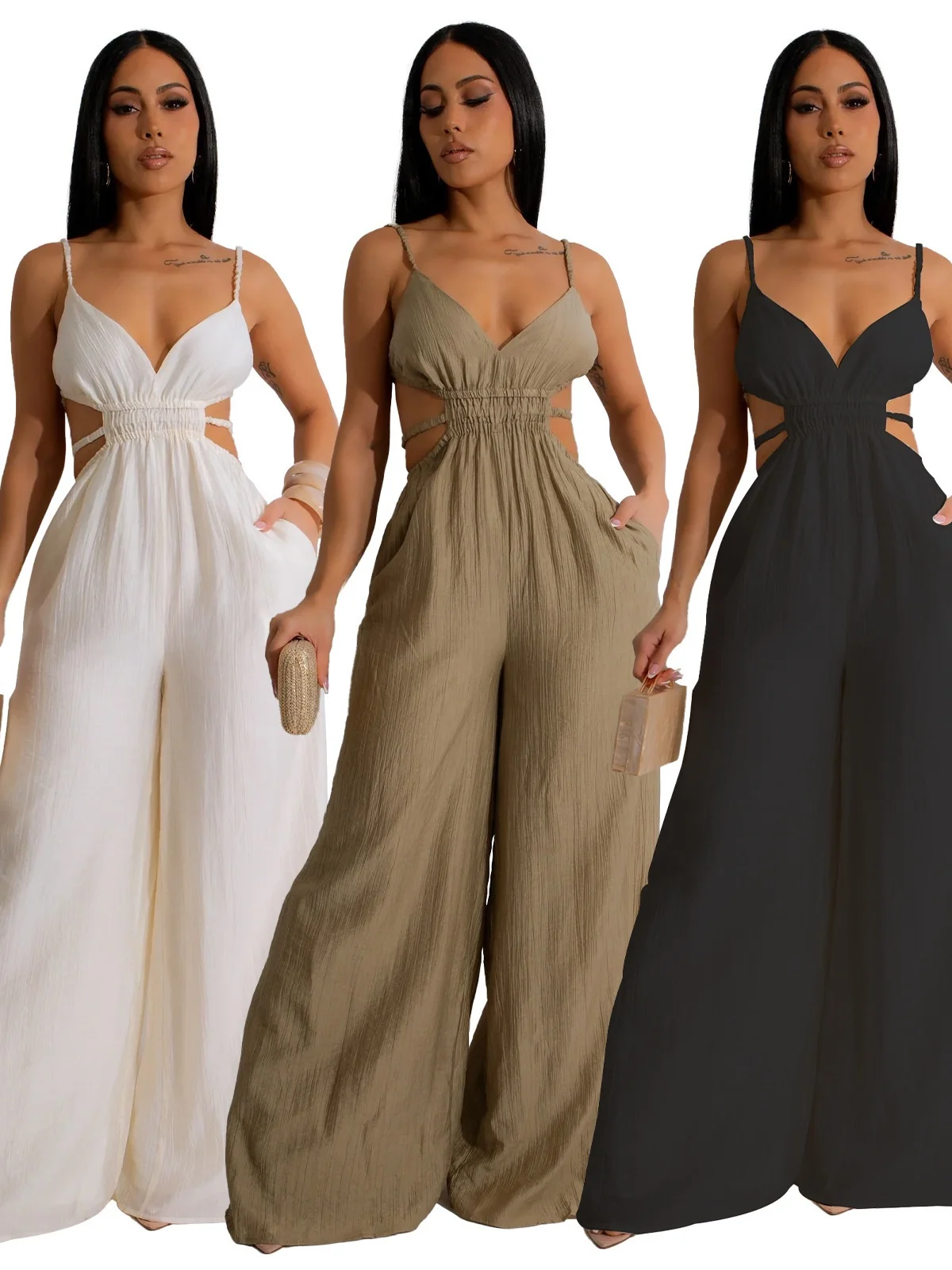

Sexy Street Sle High Waist Wide Leg Jumpsuit Pants Confortable Ultra Thin Long Pants Polyester Fabric Spring Collection
