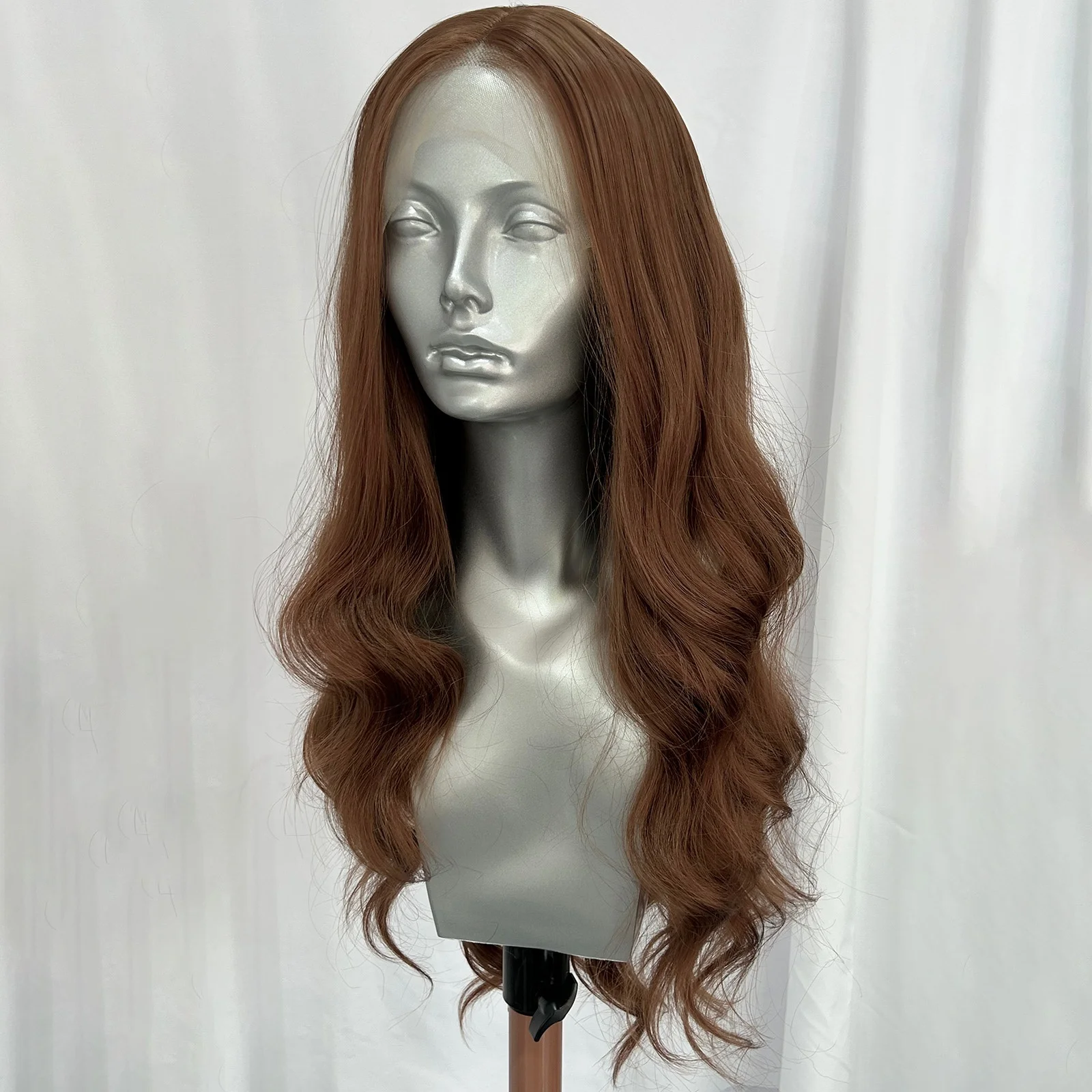 Lichtbruine losse body wave kanten pruiken voor vrouwen lijmloze roodbruine krullende golvende synthetische hittebestendige vezel dagelijks gebruik