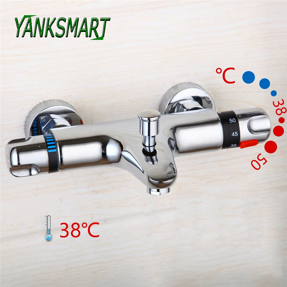 

YANKSMART Thermostatic Bathroom Shower Faucet Control Valve Bottom Showers Chrome Bath Mixer Valves Water Tap Wall Mounted