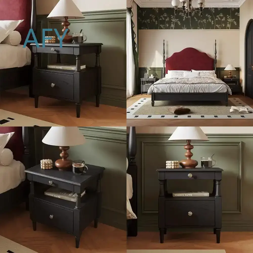 French Antique Bedside Table for Ash Wood All Solid Wood Bedside Storage Cabinet for Retro Small Bedroom Furniture