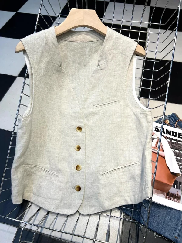 

Sli льняной топ-джат, летний художественный ретро-костюм с v-образным вырезом, жилет, дышащий тонкий одно пуговицевый чистый цвет