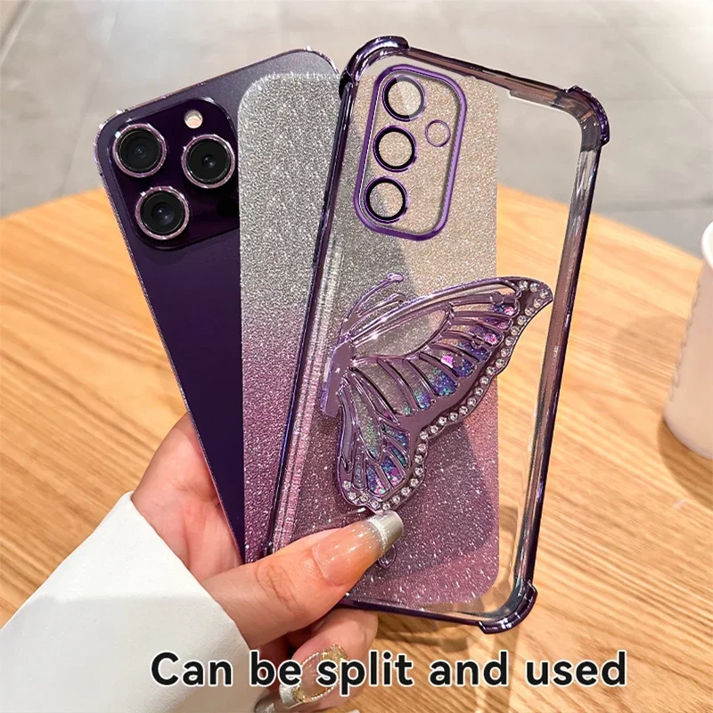 Liquid Sand Butterfly Phone Holder Shockproof Case for Samsung S24+ S23 S22 S21 A55 15 25 35 A54 14 24 A34 13 23 33 53 12 32 A52