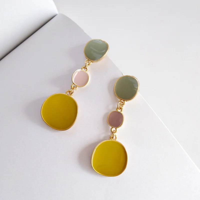 Korean Yellow oil Drop Clip Earrings Without Piercing Geometry alloy round slice Clip on Earrings For Non Pierced ears