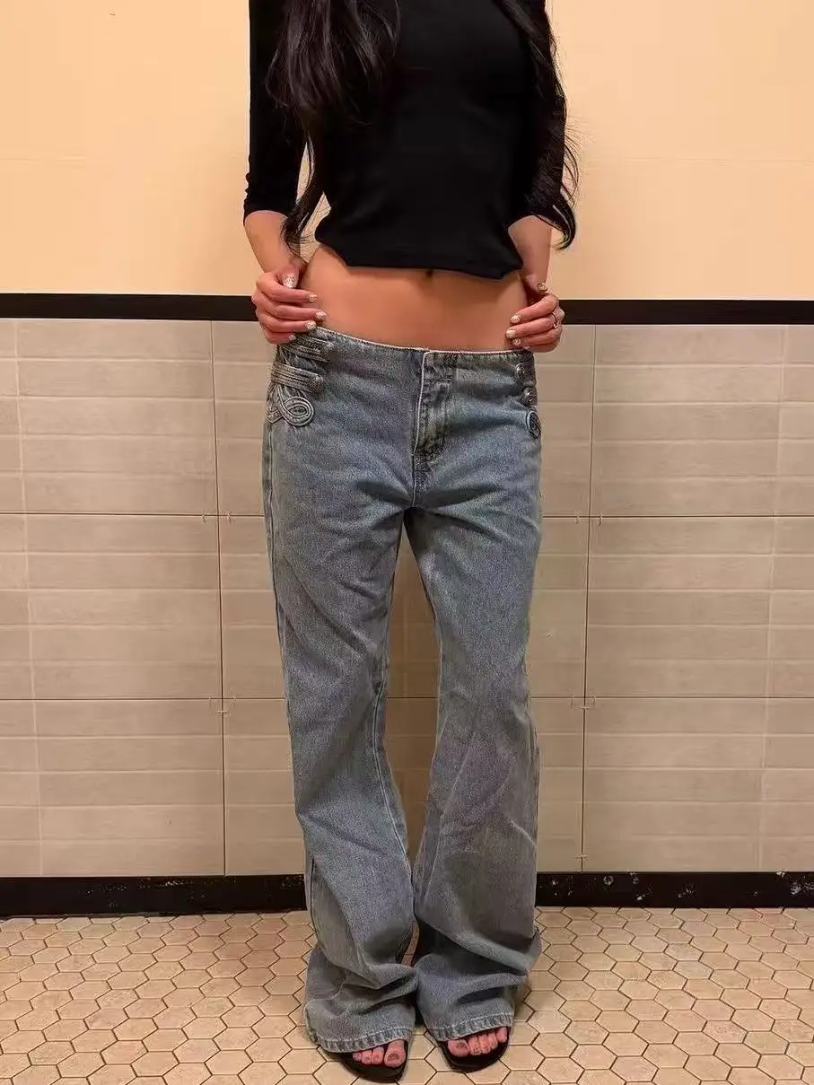 Autumn Winter Women's Low Rise Jeans Denim Pants Harajuku Goblin Core Y2k Abi Punk Long Trousers High Street American Retro New