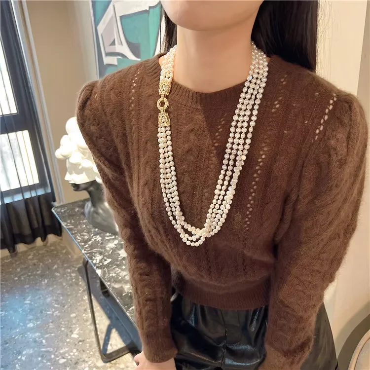 

26-28'' 4 Strands Natural Freshwater Cultured White Pearl CZ Connector Necklace For Women