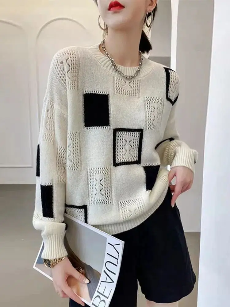 Versatile 2023 Autumn/Winter New Color Block Checkered Knitted Sweater Retro Round Neck Fashion Knitted Sweater Trend