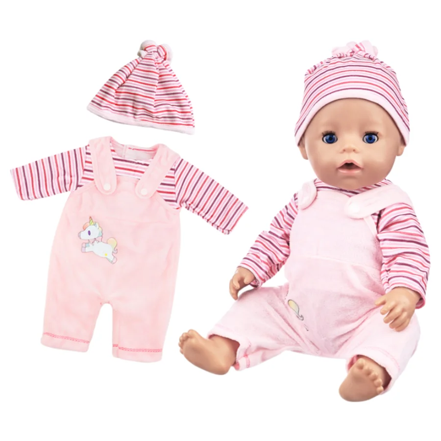 16-18 Zoll 45cm Babypuppen-Kleidung Amerikanische Puppe Rosa Hosenträger-Anzug mit Gestreiftem Futter und Hut Reborn-Puppe Mädchengeschenke