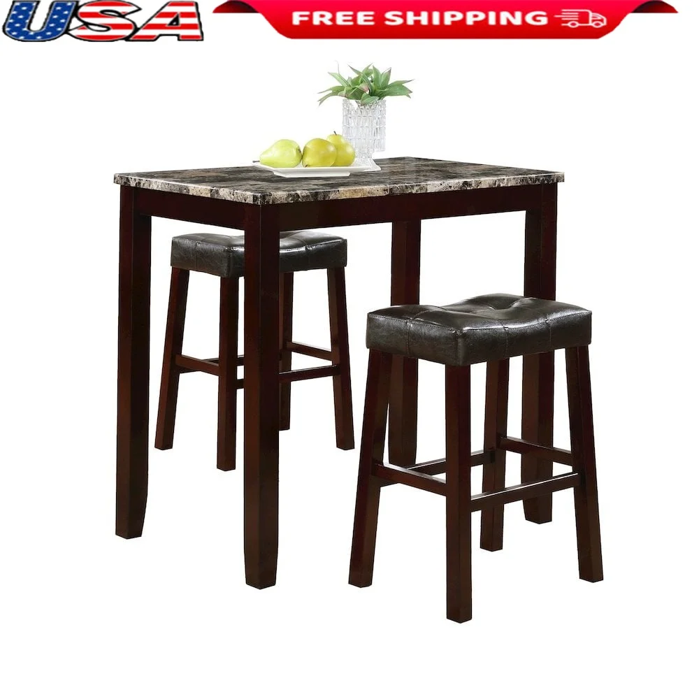 

Современный мраморный обеденный стол из трех предметов с 2 табуретками с отделкой эспрессо, сиденья из искусственной кожи, требуется сборка мебели для дома