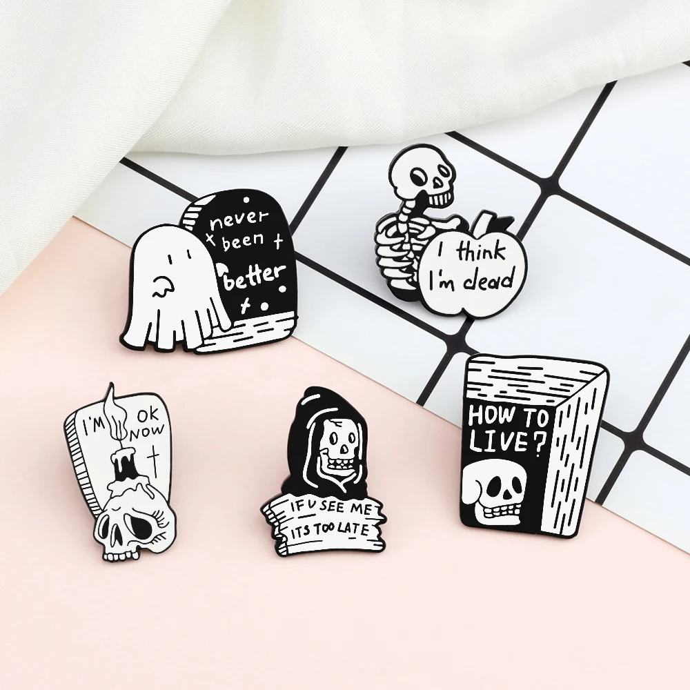 Gothic Ghost Skull Skeleton Lapel Pins Punk Creative Candle Apple Black White Brooch Halloween Jackets Enamel Badge Jewelry Gift