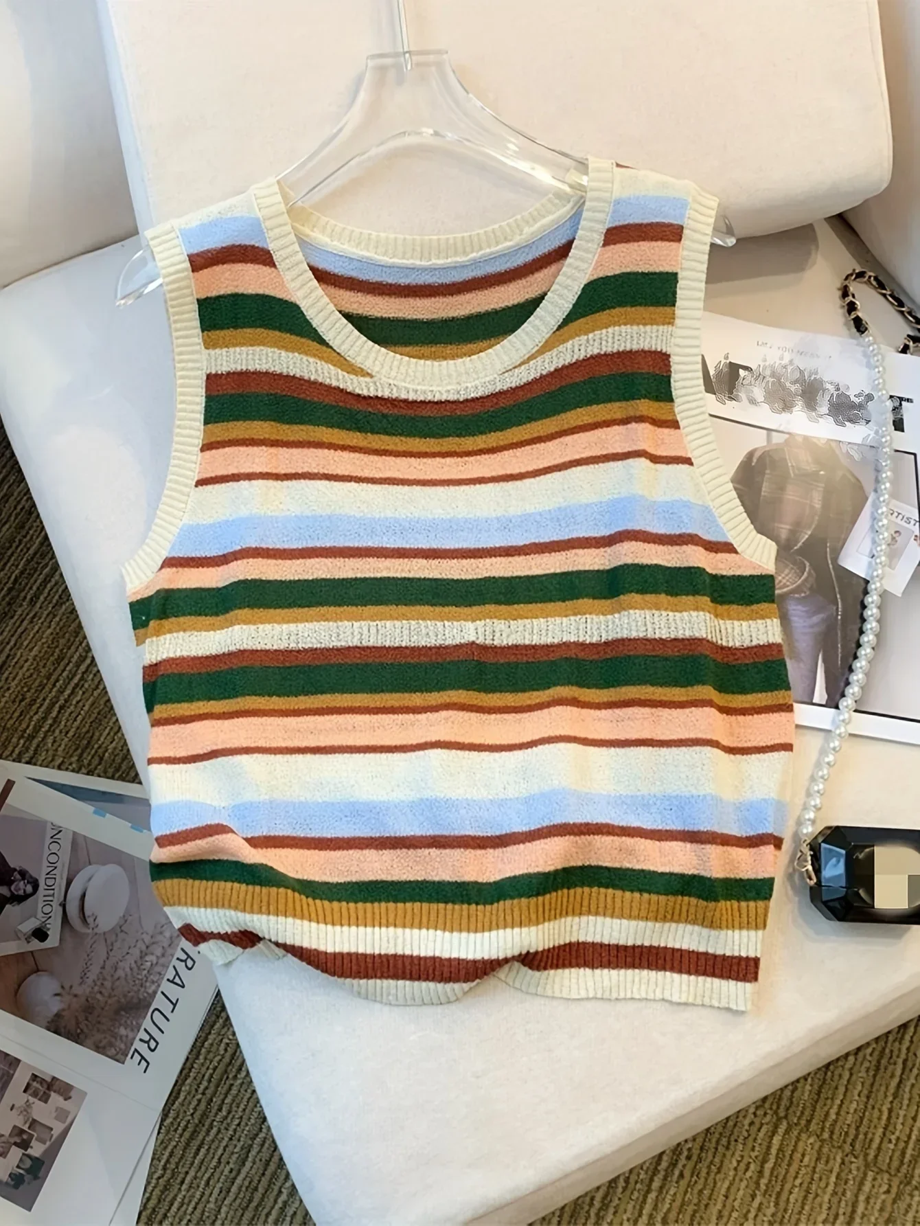 2024 New Summer O Neck Thin Striped Colorblock Knitted Tank Top Casual Sleeveless Round Neck Top Women\'s Clothing Crop Top